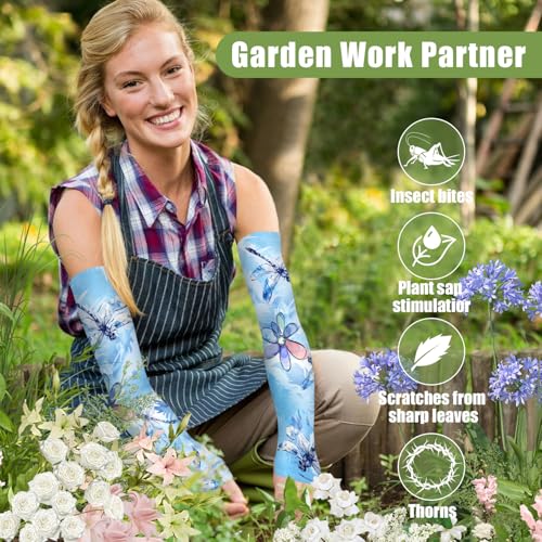 Bebila Gardening Sleeves for Women Farm UV Sun Protection Anti-Scratch Cooling Sleeves with Thumb Hole Arms Cover Outdoors - color: Dragonfly