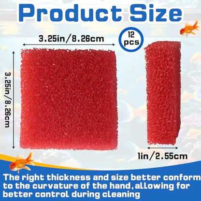 12-Pack Aquarium Glass Cleaner Sponges, 3.25" x 3.25" x 1" | Non-Scratch Thick Durable Scrubber Pads, Safe for Glass Fish Tanks, Crystal Clear View, Red