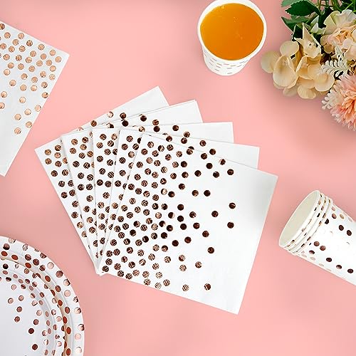 White and Rose Gold Party Supplies - 350 PCS Disposable Dinnerware Set - White Paper Plates Napkins Cups, Gold Plastic Forks Knives Spoon for Graduation, Birthday, Thanksgiving, Cocktail Party - color: White & Rose Gold