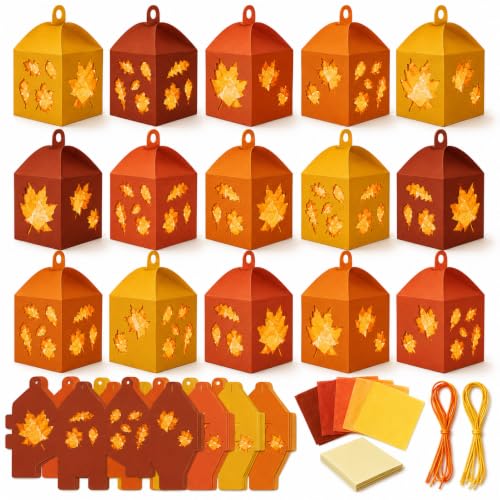 Maitys 24 Sets Fall Paper Lantern Craft Kit, Maple Leaf DIY Lanterns with Tissue Paper, Suncatcher Style Autumn Hanging Decorations for Classroom Back to School Seasonal Craft Home Party Decor - style: Fall