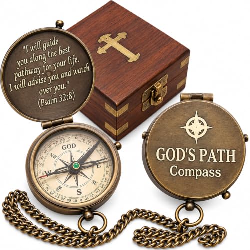 God's Path Compass - Engraved Working Handmade Antique Compass with Scripture Religious, Christian, Catholic, Christening, First Communion, Confirmation Gifts for Teenage Boys and Men - color: In Wooden Box