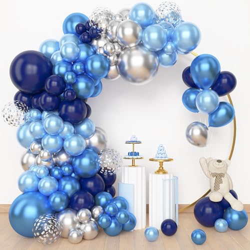 Amandir 153pcs Blue and Silver Balloon Garland Arch Kit, Different Sizes 18 12 10 5 inch Royal Navy Blue Latex Metallic Confetti Balloons for Graduation Wedding Shower Birthday Party Decorations - color: Blue Sliver
