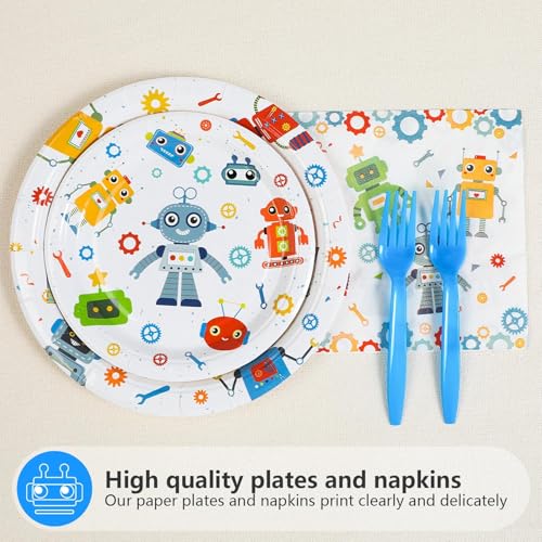 Grencian 96Pcs Robot Birthday Party Supplies Robot Themed Plates and Napkins Disposable Tableware Set for Boys Kids Birthday Party Baby Shower Decorations Serves 24 - style: Robot Theme Birthday Party Tableware Set