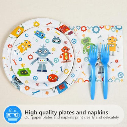 Grencian 96Pcs Robot Birthday Party Supplies Robot Themed Plates and Napkins Disposable Tableware Set for Boys Kids Birthday Party Baby Shower Decorations Serves 24 - style: Robot Theme Birthday Party Tableware Set