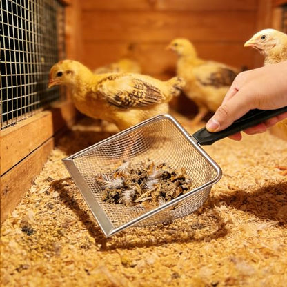 2 Pack Chicken Poop Scooper for Coop, Mesh Sifting Shovel 3.8mm 5mm Holes | 5.5" Metal Chicken Coop Rake and Scoop Cleaning Tool, Scooper Shovel for Sifting Sand, Litter, Chicken Supplies - size: 5.5" 2 Set