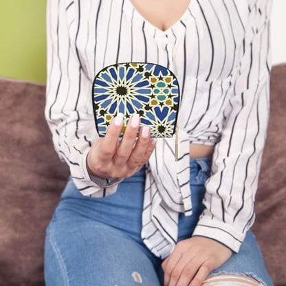 Geometric Islamic Art RFID Blocking Semi Circle Card Holder PU Leather Zipper Wallet Pouch Keychain Bag for Women Men, Slim Small Credit Card Case Organizer with 12 Slots - color: Geometric Islamic Art