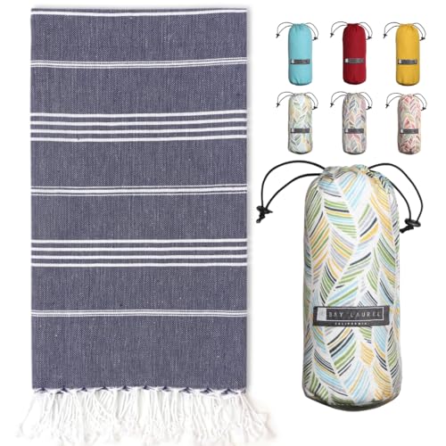 BAY LAUREL Turkish Beach Towel with Travel Bag 39 x 71 Quick Dry Sand Free Lightweight Large Oversized Towels Light - color: Dark Blue With Yellow Floral Bag