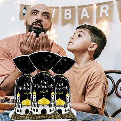 Eid Mubarak Goodie Bags, 100 Pieces Muslim Castle Moon Star Pattern Ramadan Treat Bags Cellophane Bags Goody Favor Bags with Gold Twist Ties for Muslim Islamic Eid Iftar Diwali Party Kids Gifts - - color: Black