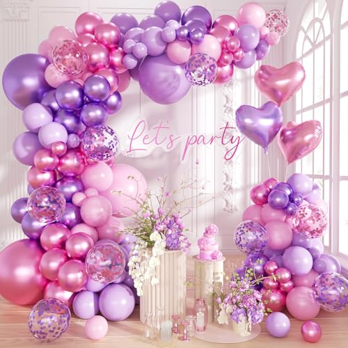 Pink Purple Balloon Garland Arch Kit,160Pcs Metallic Purple Magenta Balloons Pink and Purple Confetti Balloons with Heart Foil Balloon for Girl Birthday Bridal Baby Shower Party Decoration - color: Purple Pink