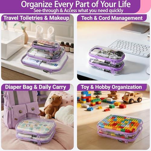 YQBRAO 4-Pack Clear Hard Shell Zipper Case, 1.2mm Ultra-Thick Diaper Bag Organizer Pouches, Rigid Self-Standing Travel Makeup Bags with YKK Zippers, TSA Approved, Purple - color: Purple, size: 4 Pack(S)