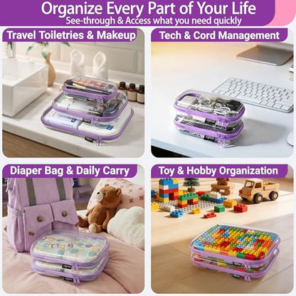YQBRAO 4-Pack Clear Hard Shell Zipper Case, 1.2mm Ultra-Thick Diaper Bag Organizer Pouches, Rigid Self-Standing Travel Makeup Bags with YKK Zippers, TSA Approved, Purple - color: Purple, size: 4 Pack(S)