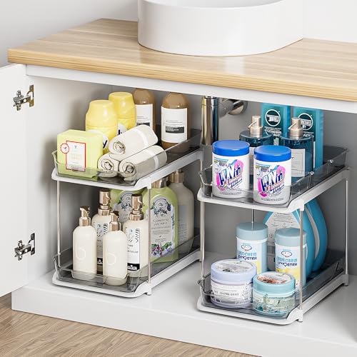 Delamu 2-Tier Multi-Purpose Bathroom Under Sink Organizers and Storage, Stackable Kitchen Pantry Organization, Pull Out Medicine Cabinet Organizer with Movable Dividers, Grey, 2 Pack - color: Grey, size: 2 Pack