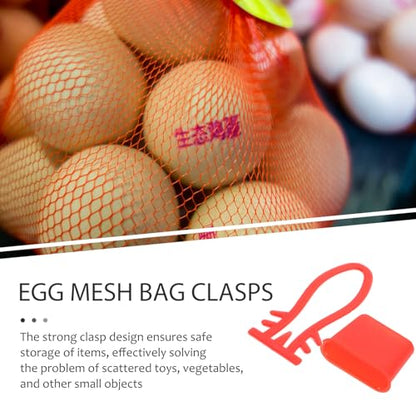 Wakauto Mesh Bag Clasps for Egg and Produce Nets, 200pcs Plastic Hooks with Red Large Clips, Multipurpose Storage Net Closures for Grocery, Kitchen, and Fruit Organizer