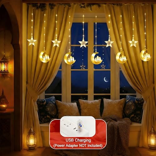 Ramadan Curtain Lights,135 LED Star & Castle String Lights,USB Powered Dimmable Twinkle Curtain Fairy Lights,8 Lighting Modes Warm White Window Light,Ramadan Decorations for Home Indoor Decor