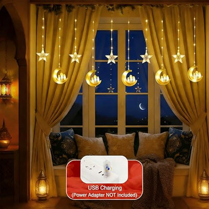 Ramadan Curtain Lights,135 LED Star & Castle String Lights,USB Powered Dimmable Twinkle Curtain Fairy Lights,8 Lighting Modes Warm White Window Light,Ramadan Decorations for Home Indoor Decor