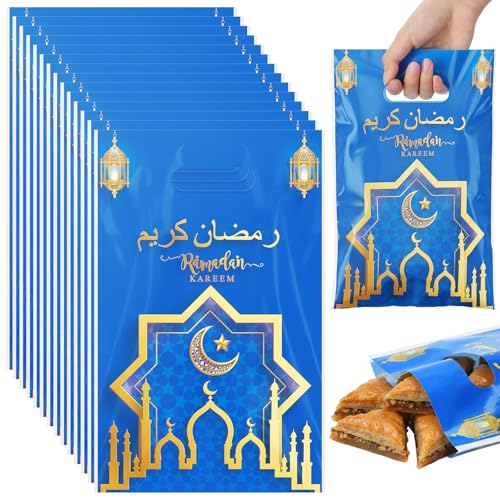 Supervitae 100 Pieces Ramadan Kareem Plastic Gift Bags Bulk Eid Mubarak Treat Candy Goodie Bags with Churches Star and Moon for Muslim Eid Party Favors Supplies - color: Blue Gold, style: Ramadan