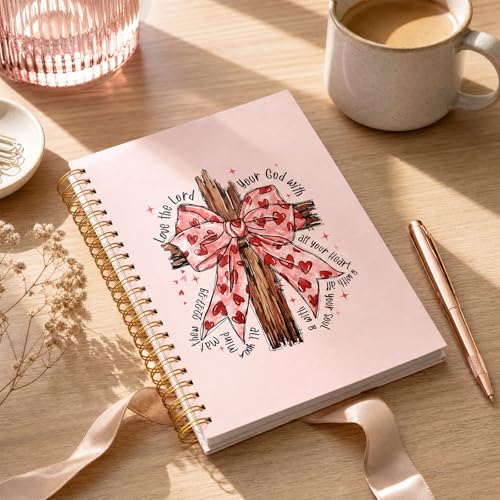 Pink Bow Cross Notebook - Hardcover Bible Verse Jounal, Christian Gift for Women, Religions Journaling for Church Notes Scripture Study Stationery Supplies - color: Pink Bow Cross