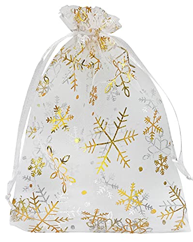Jexila 100PCS Christmas Organza Gift Bags 5''X7'' Small Snowflake Drawstring Goodie Candy Treat Bag Mesh for Kids Christmas Holiday Party Favors - color: Gold Snowflake