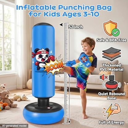 Inflatable Punching Bag for Kids: Qoosea 48 Inches Kids Bop Bag Boxing Gloves & Air Pump Dinosaur Toy Gift for Toddler & Kid Ages 3-8,Freestanding Punching Bag Easy to Inflate,Boxing Bag - color: Dark Blue