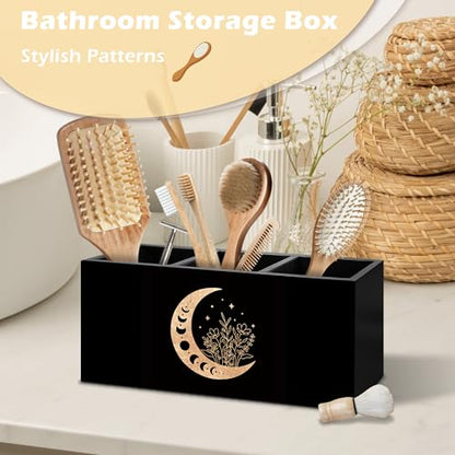 Witchy Floral Moon Pen Holder Organizer Desk Decor, Witchy Room Decor, Boho Black Gold Celestial Crescent Moon Phase Wooden Pen Pencil Holders for Home Office Desk Accessories