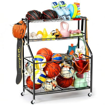 Kinghouse Sport Equipment Organizer for Garage, Steel Basketball Rack with Bat Holder and Hooks, Easy Assembly Storage for Balls, Kids' Toys, Workout Gear, Home Gym, Outdoor