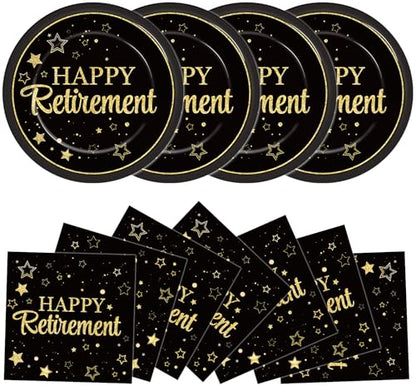 48Pcs Happy Retirement Paper Plates and Napkins Retirement Party Decorations Farewell Black and Gold Party Supplies Disposable Dinnerware Dessert Plates for Birthday Graduation Women Men Serves 24 - style: Happy Retirement
