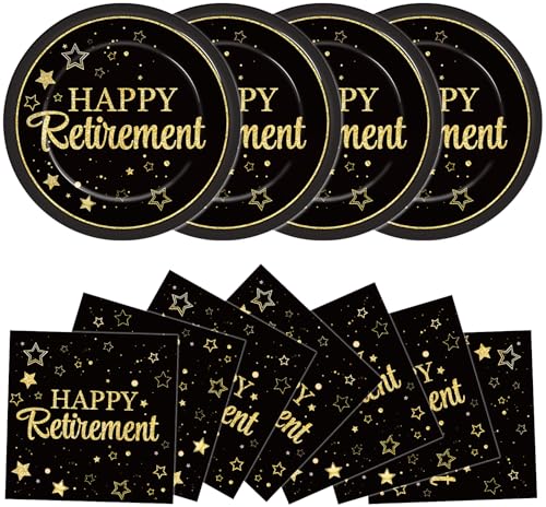 48Pcs Happy Retirement Paper Plates and Napkins Retirement Party Decorations Farewell Black and Gold Party Supplies Disposable Dinnerware Dessert Plates for Birthday Graduation Women Men Serves 24 - style: Happy Retirement
