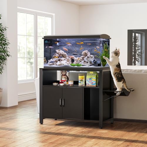 GDLF 40-50 Gallon Fish Tank Stand with Hidden Cat Litter Box Cabinet | Dual-purpose pet furniture combines aquarium support, hidden litter box storage, and a cat perch for a cleaner home setup
