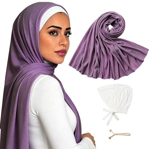 Hijab Scarf for Women, 3PCS Set with Undercap and Hijab Clip Lightweight Modal Muslim Head Wrap Scarf for Daily - color: Sy24-light Purple Hijab+white Undercap