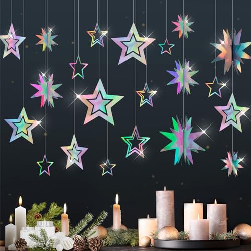 Star Garland Decorations Kit, Holographic Twinkle Little Stars Garlands, Glitter 3D Star Hanging Streamer Backdrop Banner for Birthday, Baby Shower, Graduation, Wedding, Ramadan, EID - color: Star