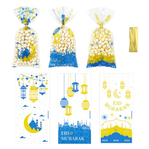Geluode 105 PCS Eid Mubarak Cellophane Treat Bags, Ramadan Party Favor Supplies, Plastic Cellophane Candy Cookie Goodie Bags in 3 Designs, for Eid Party Decorations