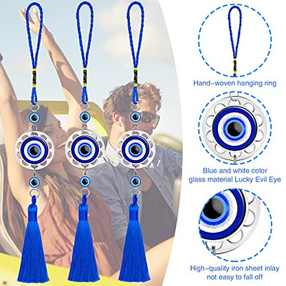 Hicarer 6 Pieces Lucky Evil Eye Charm Pendant Bulk Car Hanging Ornament Glass Blue Resin Evil Eye Beads Rear View Mirror Hanging Accessories with Tassel Protection Pedant Charms for Car Home Decors