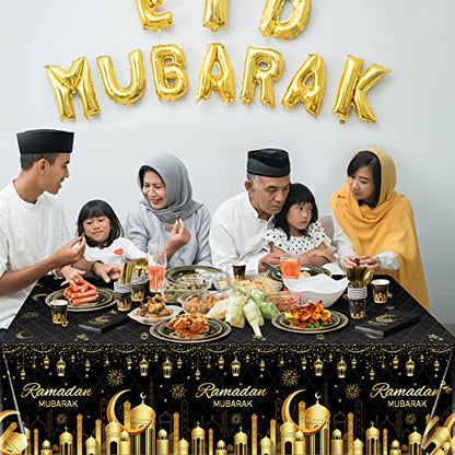 Ramadan Party Supplies Decorations for Home, Eid Ramadan Mubarak Banner Black and Gold Plates and Napkins Set, Disposable Paper Plates Napkins Banner Tablecloth for Ramadan Party Decorations, Serve 25