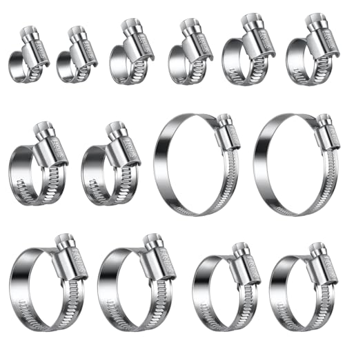 Non-Slip Stainless Steel Hose Clamp Assortment 5/16 to 1-1/4 inch | German Design, SAE Standard, All 5/16"Screw HEX, Soft Hose Protection, Fuel Line, Automotive, Radiator, Heater, Garden, Pool