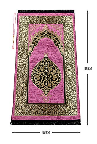 ihvan online Muslim Prayer Rug with 99 Beads Tasbih, Soft Chenille Sajadah, Lightweight & Foldable Janamaz, Portable Travel Prayer Mat, Islamic Gift for Eid, Ramadan, Hajj & Umrah, Rose - color: Rose