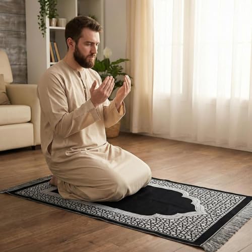 Ramadan & Eid Gift Set - Islamic Prayer Rug with Tasbih Beads, Premium Prayer Mat in Gift Bag or Box, Ideal for Muslim Men & Women (Black - Boxed) - color: Black - Boxed