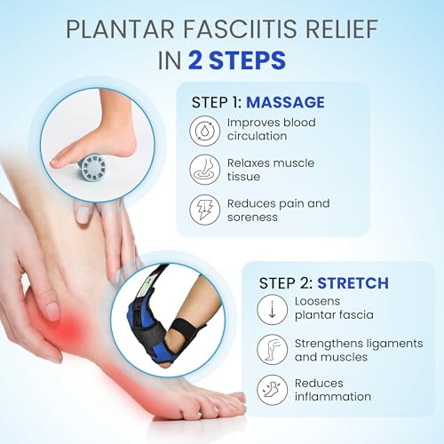 Foot & Calf Stretcher for Plantar Fasciitis, Includes Foot Massage Roller, Achilles Tendinitis, Foot Drop, Yoga Foot & Leg Stretching Strap