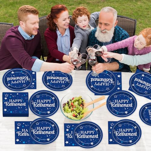 Qyeahkj 48Pcs Happy Retirement Paper Plates and Napkins Retirement Party Decoration Farewell Party Supplies Blue Silver Disposable Paper Dessert Tableware Set for Women Men Leaving Graduation Serve 25 - style: Retirement
