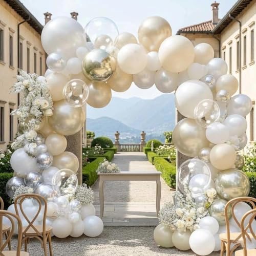 White Balloon Arch Double Stuffed Sand White Gold Pearl Bobo Balloon Kit - color: Peael White Bobo