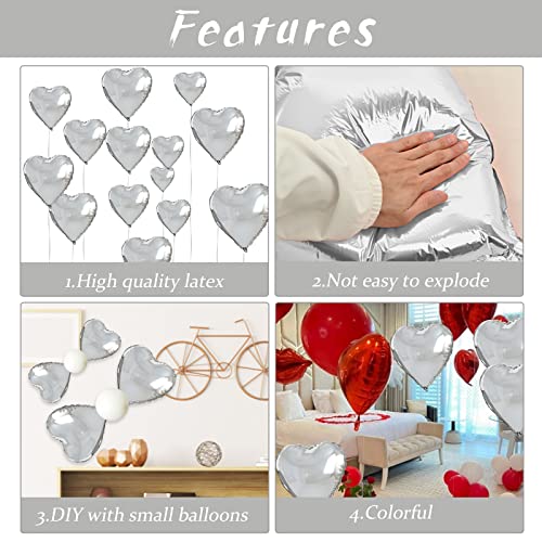 Silver Heart Balloons, 10PCS Metallic Foil for Wedding Anniversary Party - color: Glossy-silver