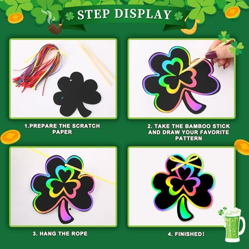 FEBSNOW 48 PCS St. Patrick’s Day Crafts for Kids, Rainbow Magic Scratch Art Shamrock Hanging Ornaments Scratch Paper Cards for St Patricks Day Party Favors Kids School Classroom DIY Crafts Decorations - style: St. Patrick’s Day
