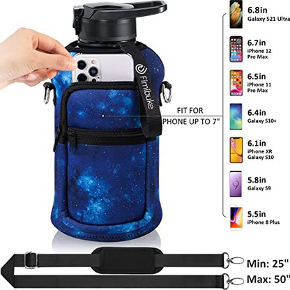Fimibuke Half Gallon Water Bottle with Sleeve 64 OZ Water Bottle with Handle & Straw Leakproof Motivational Sports Gym Water Bottle with Time Marker BPA Free Water Jug with Reusable Neoprene Holder - color: C9.Galaxy