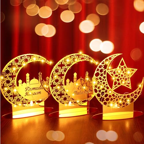 FillTouch 3 Pcs Ramadan Crescent Moon Decor Moon Crescent Table Lamp Decorations Eid Mubarak LED Acrylic Table Centerpiece Gold Crescents Lamp Nightlights Eid Gifts for Home Tabletop Decor