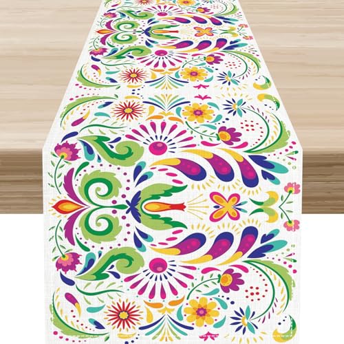 Mexican Table Runner，Floral Colorful Fiesta Cinco de Mayo Dia De Los Muertos Day of The Dead Rustic Kitchen Dining Table Scarf for Kitchen Living Room Home Party Decor 13"x36" - color: Tr-mexican04, size: 13x36" Table Runner