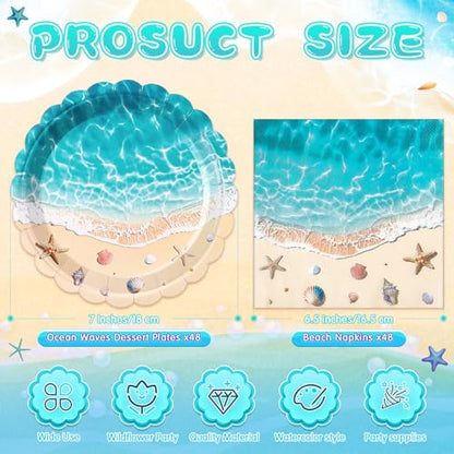 Funnymoom 96 Pcs Summer Beach Plates and Napkin Ocean Wave Party Supplies Disposable Cake Paper Plates Napkin Tableware Set for Hawaiian Luau Holiday Birthday Tropical Pool Party Decoration - style: Beach
