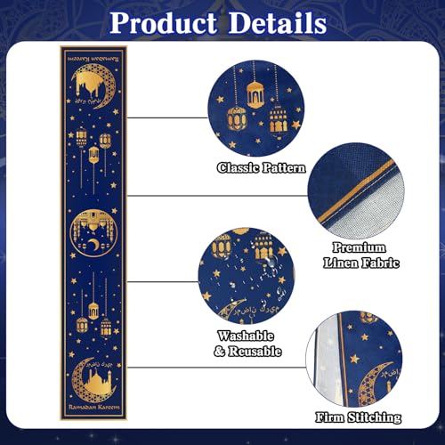 Eid Mubarak Table Runner, Ramadan Decorations, Ramadan Kareem Table Runner, Blue and Golden Moon Star Ramadan Holiday Table Decorations for Eid Mubarak Home Kitchen Dining Party Supplies, 13" X 108" - size: 13" x 108"