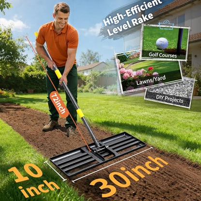 Lawn Leveling Rake, 6 FT Ground Lawn Leveler with 30 x 10 Wide Large Rakes Head for Smooth Garss Soil Dirt Sand, High Effect Yard Leveling Tool with Round Edge forGarden Golf Course, No Flip - style: 6 FT