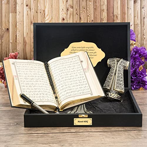 Islamic Gift Set For Men | Quran, Figurine, Tasbih, Prayer Rug and Pen in Customizable Wooden Box | Muslim Birthday Wedding Graduation Gift | Eid Ramadan Gift, Black