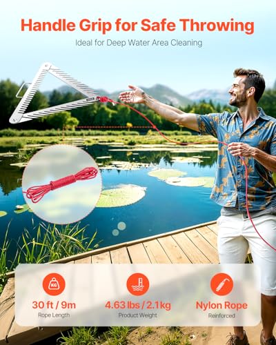 VEVOR 24in Aquatic Weed Rake, 3-Sided Lake Weed Rake with Handle, Portable and Foldable Pond Water Grass Razor, Stainless Steel Throwable Floating Pond Weeds Cutter with 30 ft Rope, for Lakes Ponds - size: 24in