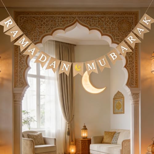 Ramadan Mubarak 배너 삼베 글리터 달과 별 표지판 사전 스트링 라마단 배너 이슬람 이드 장식, 벽난로 장식용 - color: 라마단